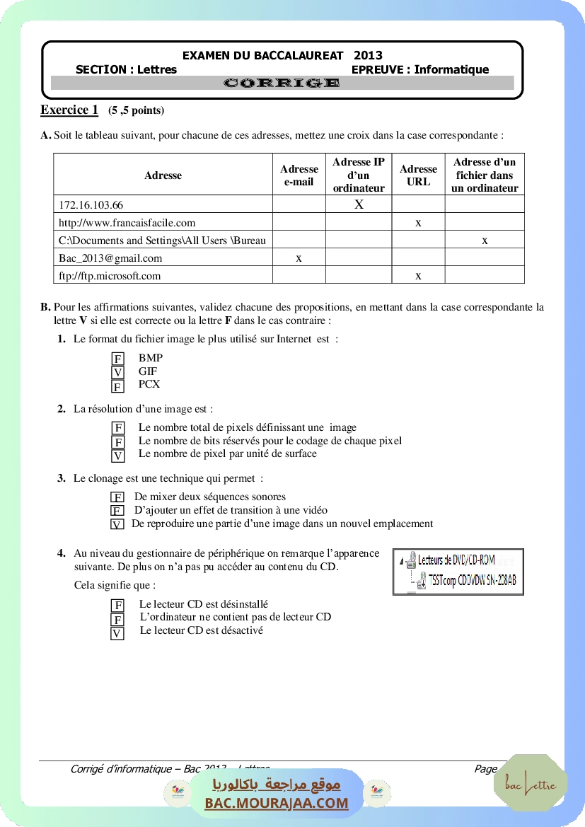 Corrigé principale info Bac 2013 – Section lettre